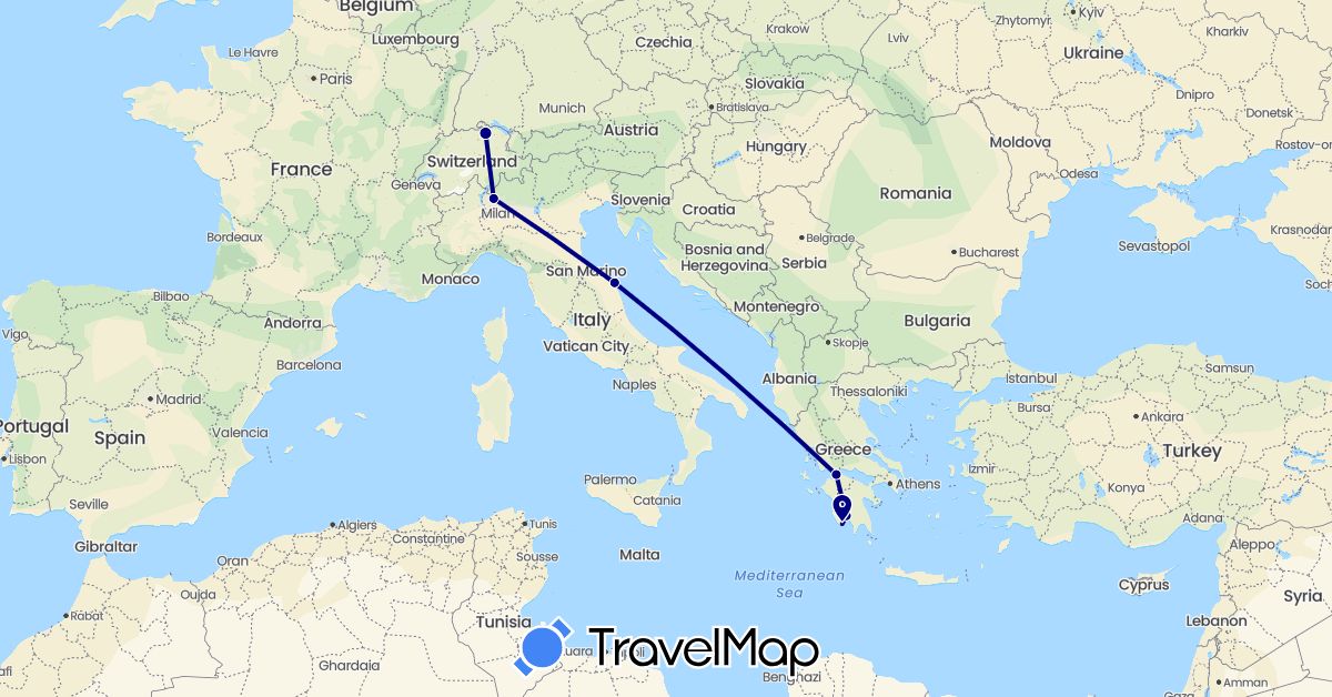 TravelMap itinerary: driving in Switzerland, Greece, Italy (Europe)